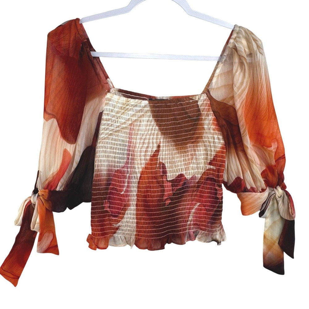 Express Conscious Edit Smocked Crop‎ Top Orange Abstract Floral Tie Sleeve Small